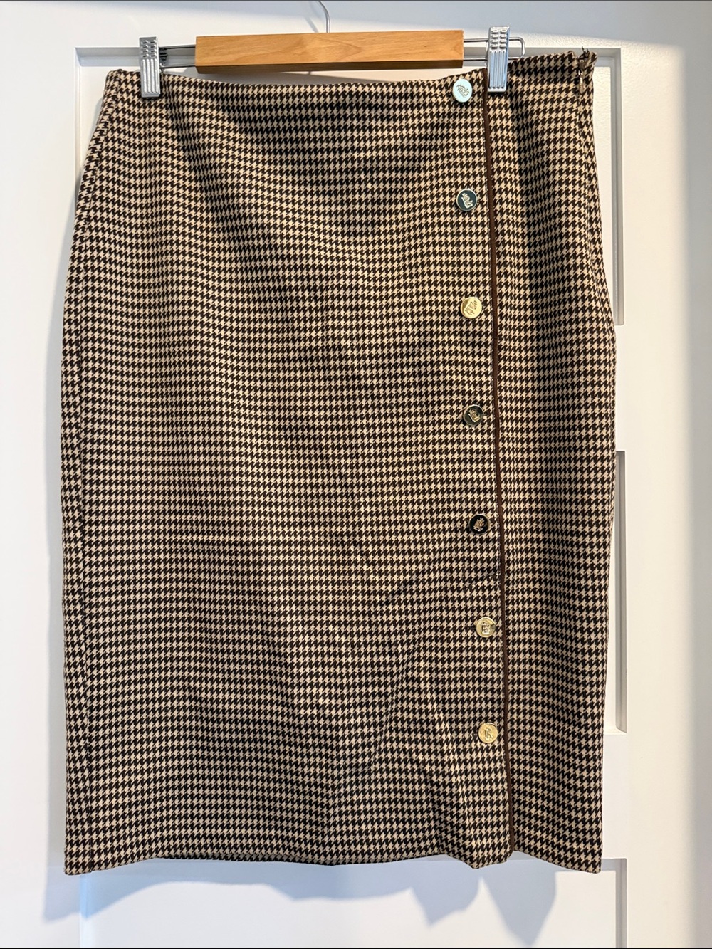 Polo by Ralph Lauren Brown and Black Houndstooth Button-Front Pencil Skirt